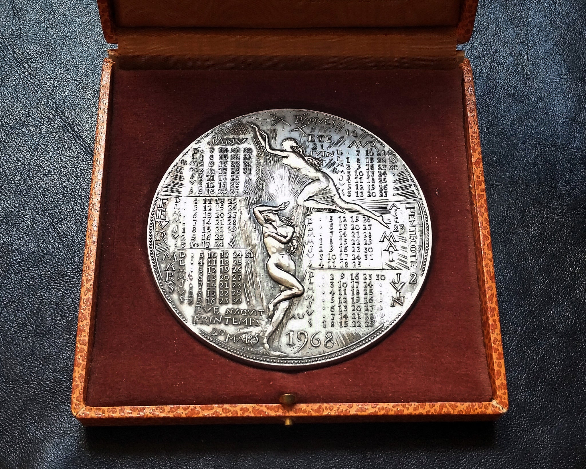 French Adam & Eve Calendar Sterling Silver medallion in case