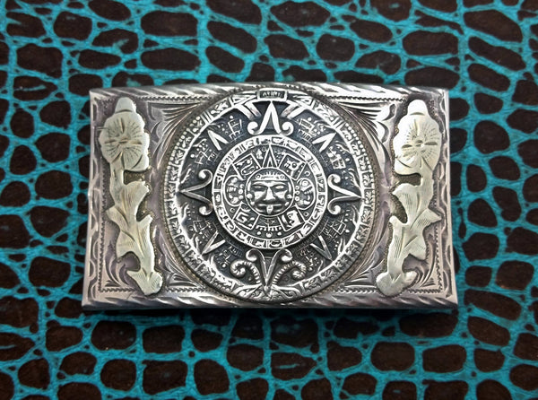Mexican Vintage Aztec Calendar 925 Sterling Silver Belt Buckle
