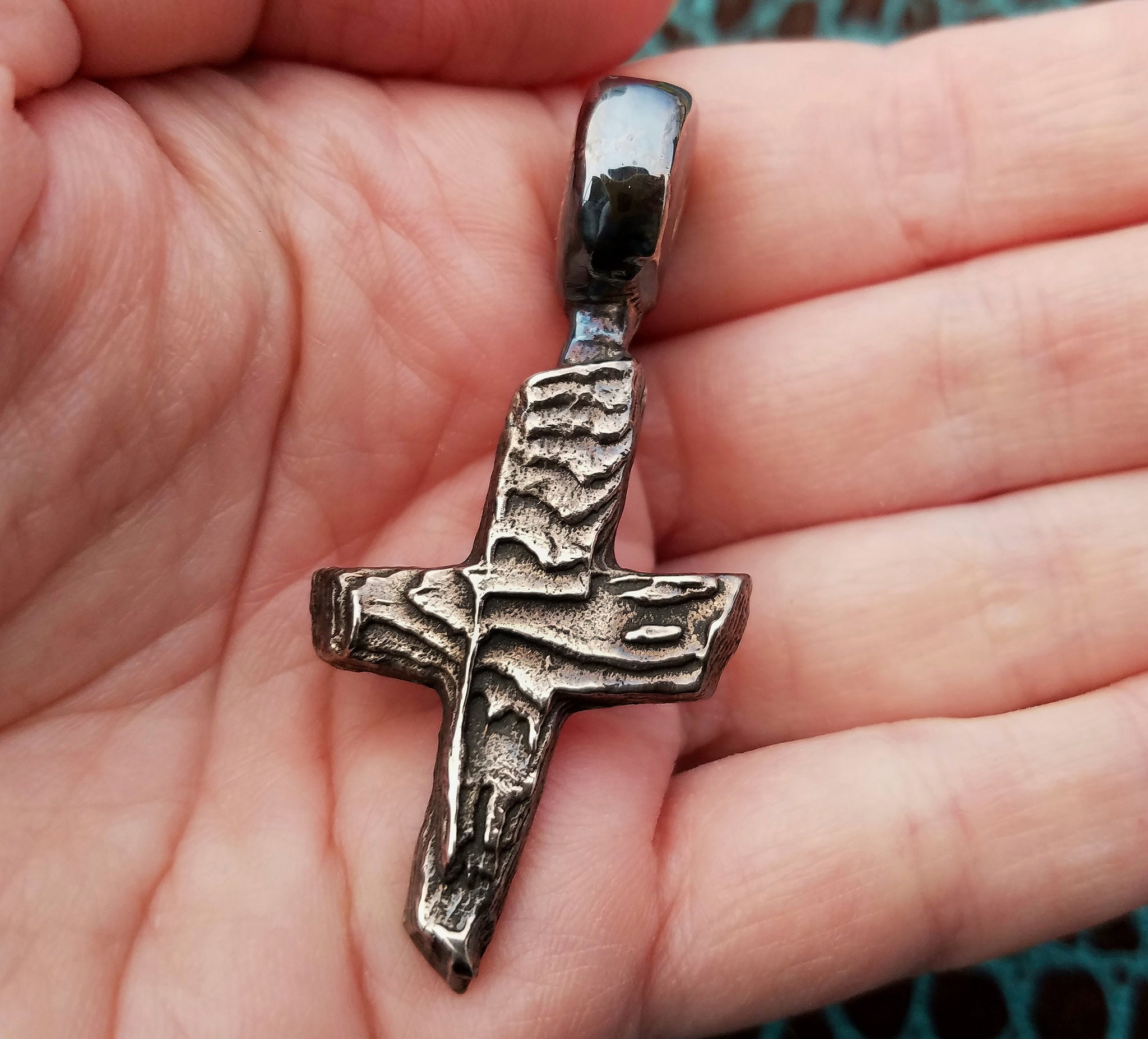 'Cross' Hand-carved Hand-poured Cuttlefish Solid 925 Sterling Silver Pendant #2 by Phantom