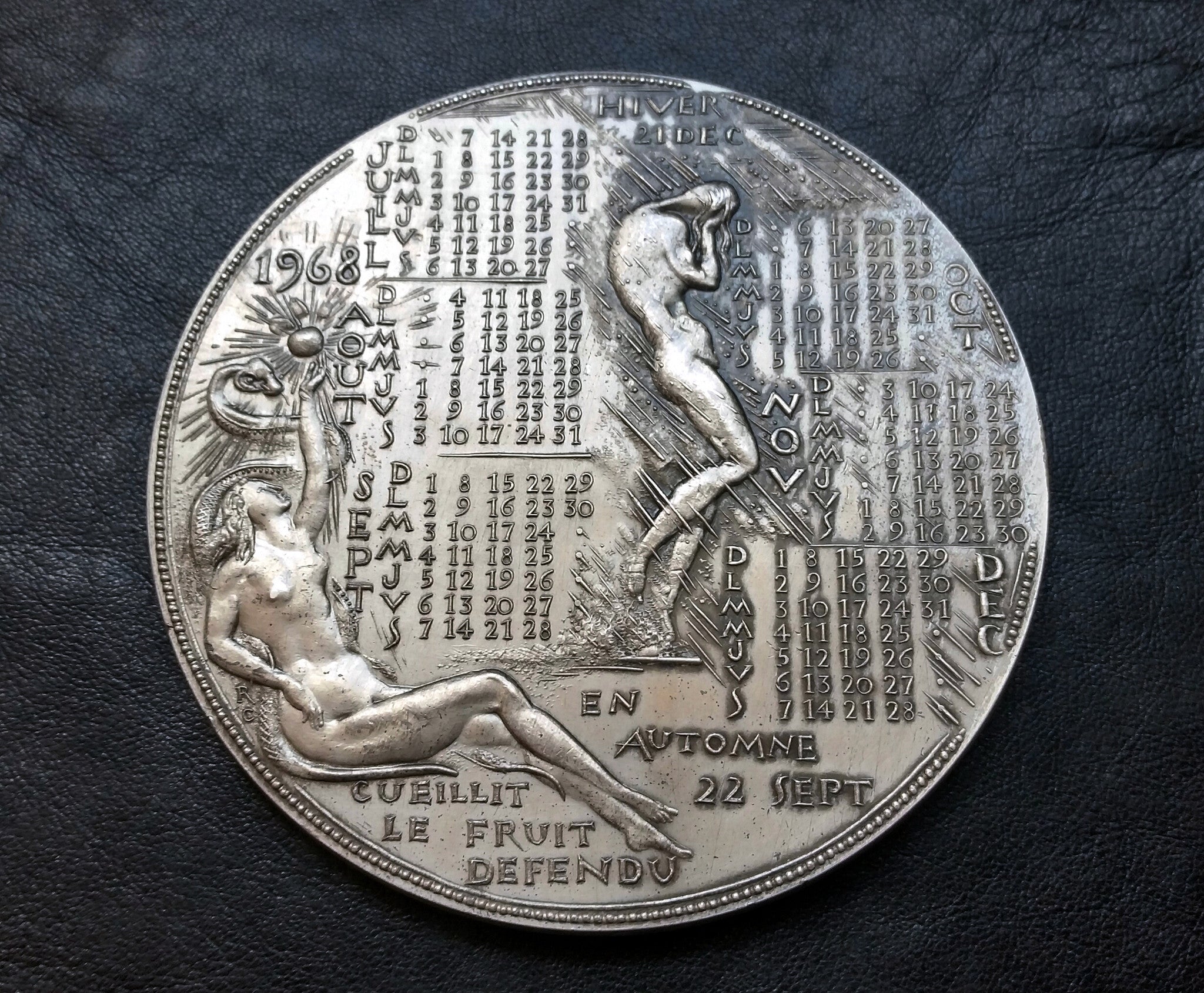 French Adam & Eve Calendar Sterling Silver medallion reverse