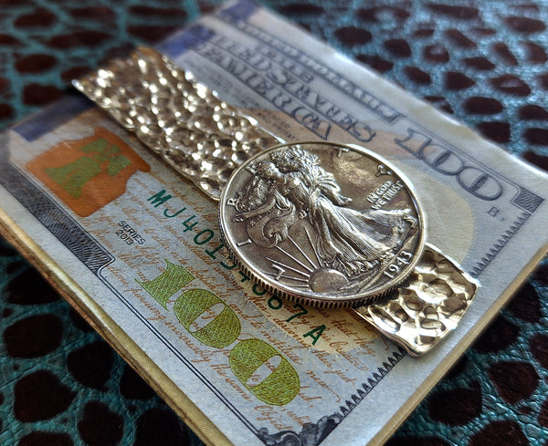 Hammered Full Fold 1943 Walking Liberty Half Dollar Antiqued 935 Argentium Sterling Silver Money Clip by Phantom
